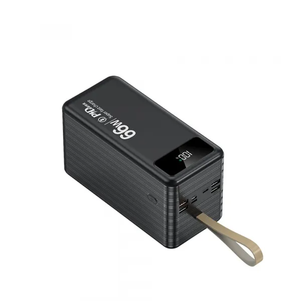 Powerbanka 100 000 mAh, PD66W, 2.1A, 4 integrované káble + LED svetlo, čierna
