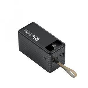 Powerbanka 100 000 mAh, PD66W, 2.1A, 4 integrované káble + LED svetlo, čierna