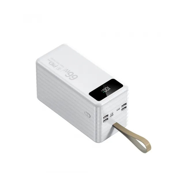 Powerbanka 100 000 mAh, PD66W, 2.1A, 4 integrované káble + LED svetlo, biela
