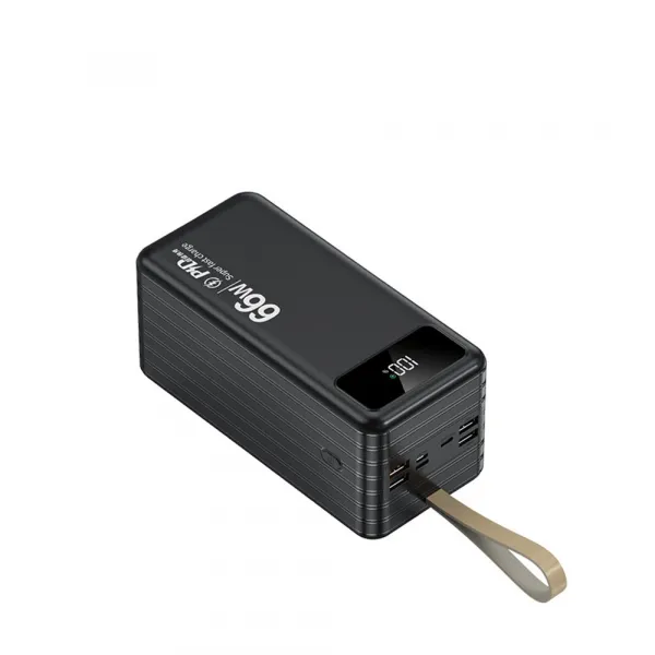 Powerbanka 60 000 mAh, PD66W, 2.1A, 4 integrované káble + LED svetlo, čierna
