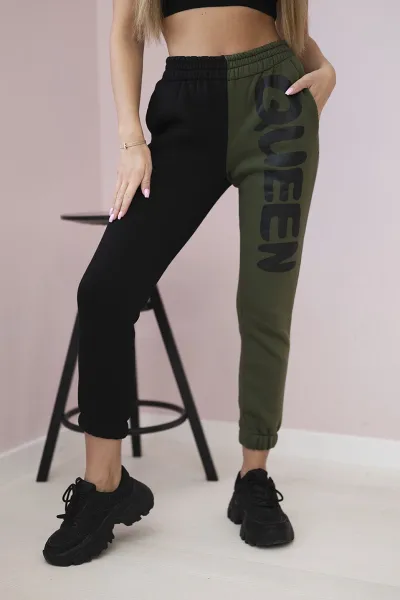 Kesi Dámske tepláky s nápisom QUEEN khaki