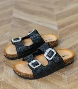 Gemre Čierne šľapky na korkovej podrážke s kamienkami na prackách Tea
