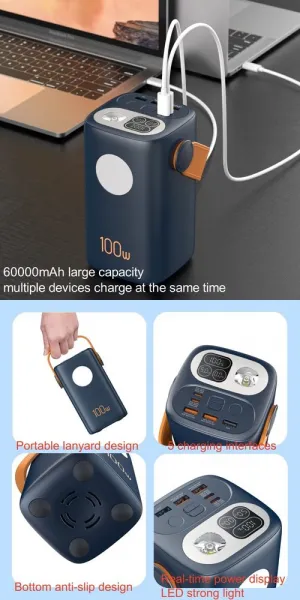 Powerbanka pre notebooky a outdoor 60 000 mAh, 100W + 30W PD, silné LED svetlo, čierna