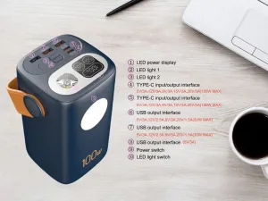 Powerbanka pre notebooky a outdoor 60 000 mAh, 100W + 30W PD, silné LED svetlo, čierna