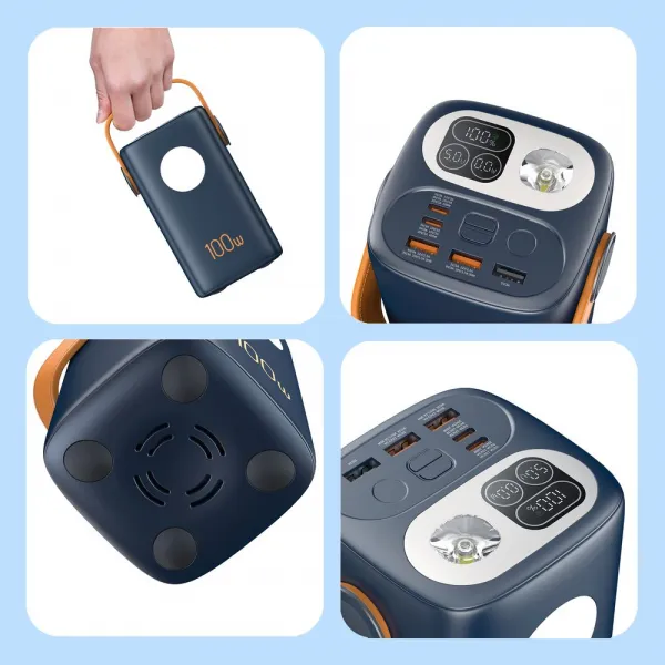Powerbanka pre notebooky a outdoor 60 000 mAh, 100W + 30W PD, silné LED svetlo, čierna