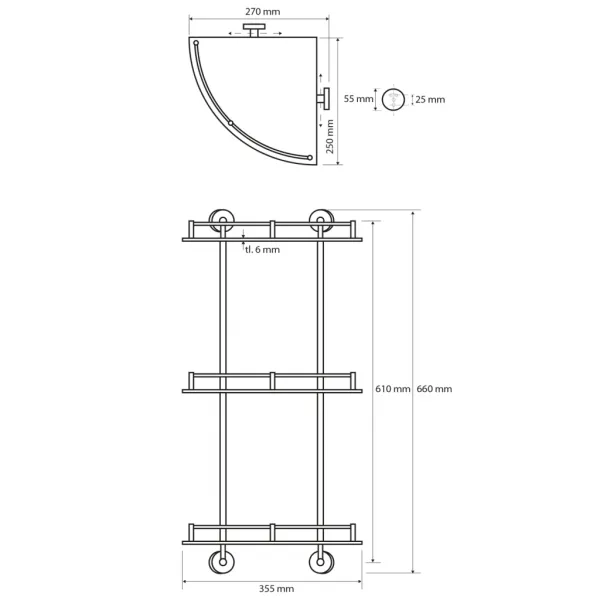 SAPHO - X-ROUND E polička sklo roh trojitá s hrazdou, 270x660x355, chróm XR606