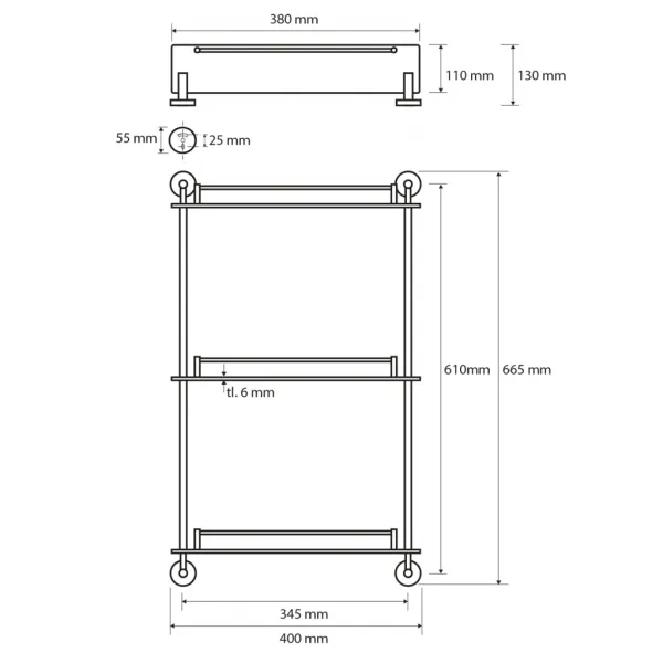 SAPHO - X-ROUND E sklenená polička trojitá s hrazdou 380x675x130, chróm XR608
