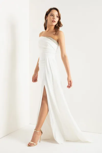 Lafaba Women's White One-Shoulder Stone Long Evening Dress