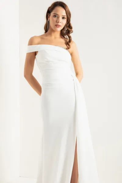 Lafaba Women's White One-Shoulder Stone Long Evening Dress
