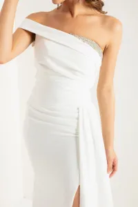 Lafaba Women's White One-Shoulder Stone Long Evening Dress