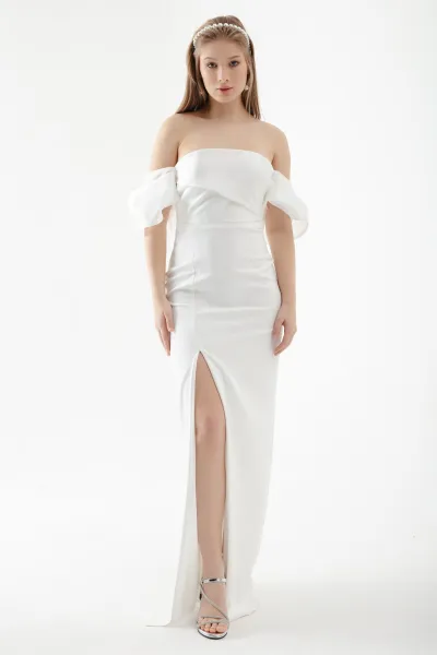 Lafaba Women's White Princess Sleeve Organza Long Evening Dress