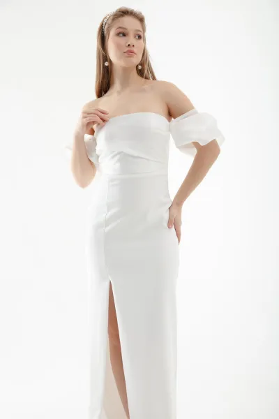 Lafaba Women's White Princess Sleeve Organza Long Evening Dress
