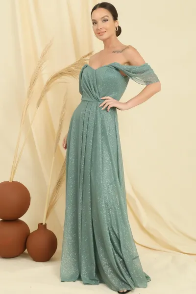 Saygı Low Sleeve Lined Skirt Pleated Silvery Long Tulle Šaty