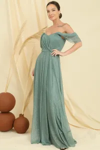 Saygı Low Sleeve Lined Skirt Pleated Silvery Long Tulle Šaty