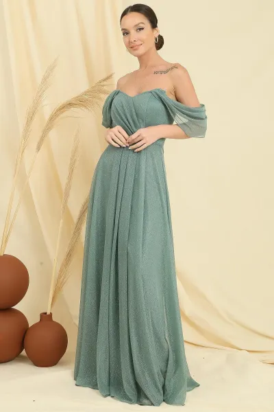 Saygı Low Sleeve Lined Skirt Pleated Silvery Long Tulle Šaty