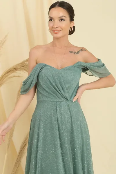 Saygı Low Sleeve Lined Skirt Pleated Silvery Long Tulle Šaty