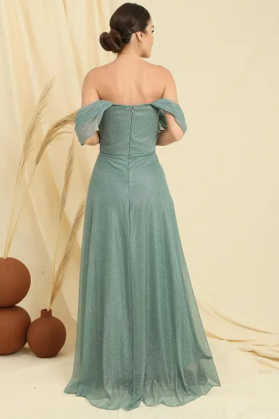 Saygı Low Sleeve Lined Skirt Pleated Silvery Long Tulle Šaty