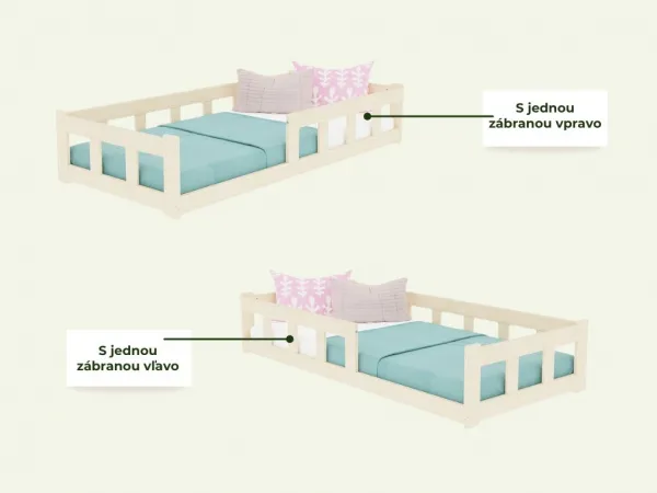 Benlemi Nízke postele FENCE 4v1 s prednou zábranou pre dve deti Zvoľte farbu: Biela, Zvoľte rozmer: 90x200 cm, Zvoľte zábranu: Obe vpravo