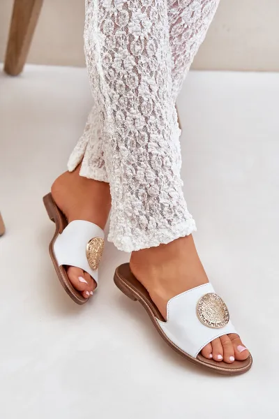 Lewski Shoes Kožené Šľapky S Dekoráciou Na Plocho Biely Zazoo