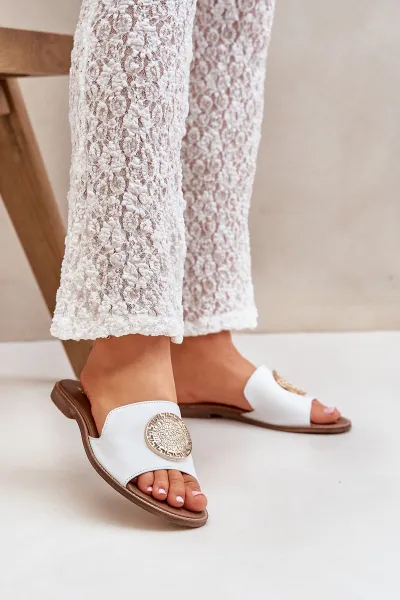 Lewski Shoes Kožené Šľapky S Dekoráciou Na Plocho Biely Zazoo