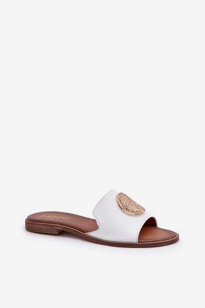 Lewski Shoes Kožené Šľapky S Dekoráciou Na Plocho Biely Zazoo