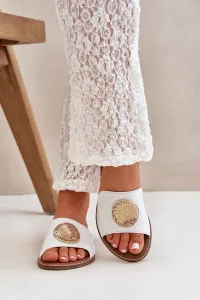 Lewski Shoes Kožené Šľapky S Dekoráciou Na Plocho Biely Zazoo