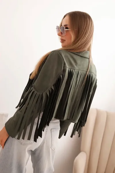 Kesi Włoski Dámska semišová bunda s strapcami khaki