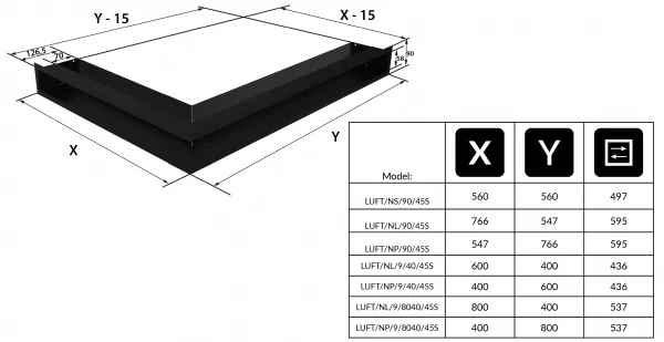 Kratki | Mriežka rohová LUFT 547x766x90 pravá 45S - biela LUFT/NP/90/45S/B
