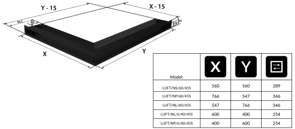 Kratki | Mriežka rohová LUFT 600x400x60 pravá SF - čierna LUFT/NP/6/40/45S/C