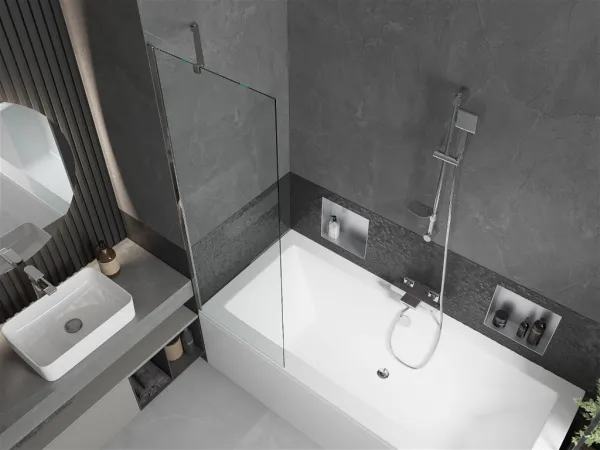 MEXEN/S - Cube obdĺžniková vaňa 170 x 80 cm s panelom + vaňová zástena 60, transparent, chróm 550517080X9506000001