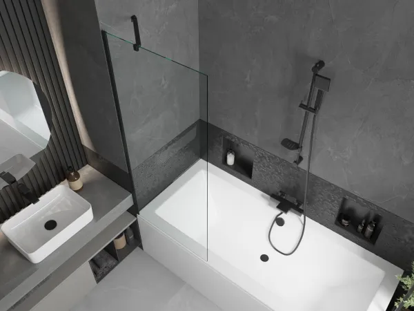 MEXEN/S - Cube obdĺžniková vaňa 170 x 80 cm s panelom + vaňová zástena 70, transparent, čierna 550517080X9507000070