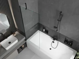 MEXEN/S - Cube obdĺžniková vaňa 170 x 80 cm s panelom + vaňová zástena 70, transparent, čierna 550517080X9507000070