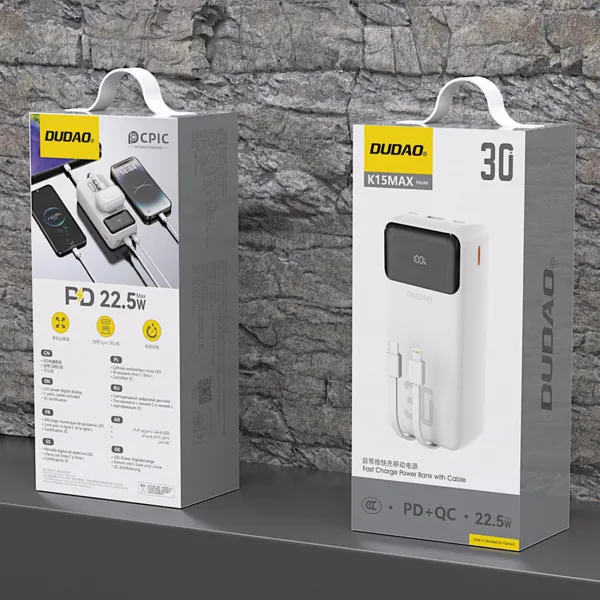 Dudao K15MAX Power Bank 30000mAh USB / USB-C / Lightning + vstavané káble 22.5W, biely
