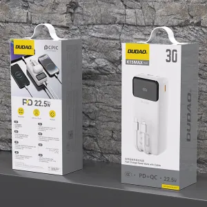 Dudao K15MAX Power Bank 30000mAh USB / USB-C / Lightning + vstavané káble 22.5W, biely