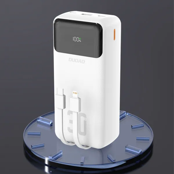 Dudao K15MAX Power Bank 30000mAh USB / USB-C / Lightning + vstavané káble 22.5W, biely