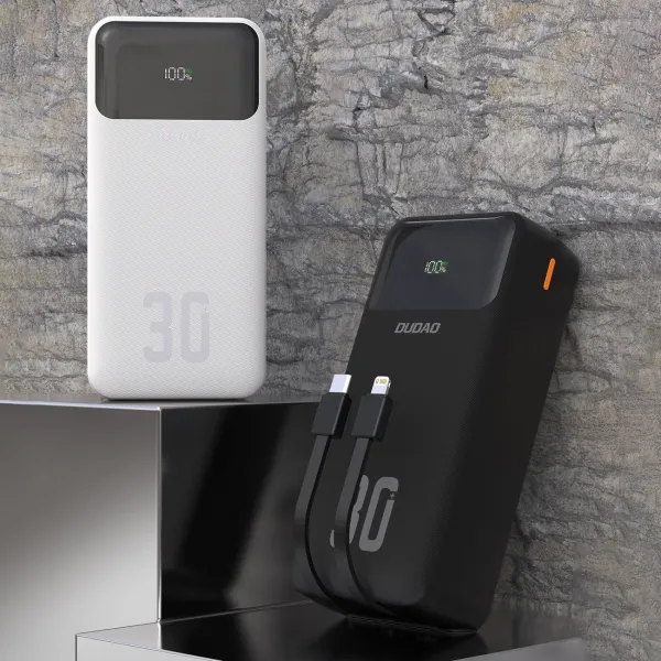 Dudao K15MAX Power Bank 30000mAh USB / USB-C / Lightning + vstavané káble 22.5W, biely