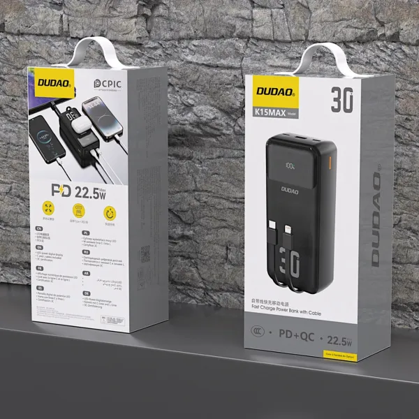 Dudao K15MAX Power Bank 30000mAh USB / USB-C / Lightning + vstavané káble 22.5W, čierny