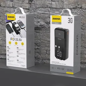 Dudao K15MAX Power Bank 30000mAh USB / USB-C / Lightning + vstavané káble 22.5W, čierny