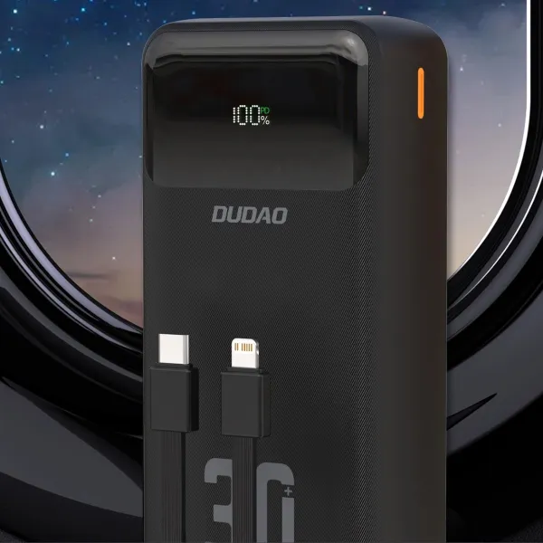 Dudao K15MAX Power Bank 30000mAh USB / USB-C / Lightning + vstavané káble 22.5W, čierny