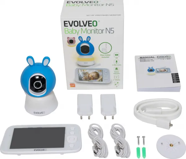 EVOLVEO Baby Monitor N5, Set videochůvičky s 360° dohledem, obousměrnou komunikací a ukolébavkami, modrá
