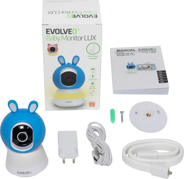 EVOLVEO Baby Monitor LUX, Chytrá 360° videochůvička s nočním viděním, detekcí pláče a pohybu, modrá