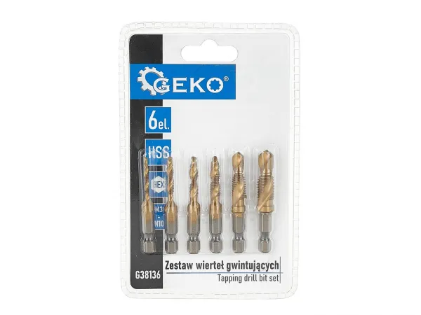 GEKO G38136 – 6‑dielna sada HSS TiN kombinovaných závitovníkov M3–M10, upínanie HEX 1/4″