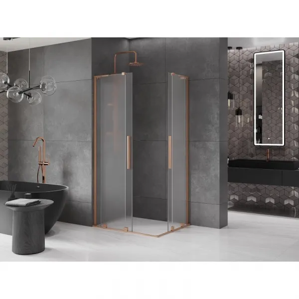 MEXEN/S - Velar L Duo sprchovací kút, posuvné dvere 90 x 80, dekor, meď kartáčovaná 871-090-080-02-33-65
