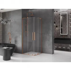 MEXEN/S - Velar L Duo sprchovací kút, posuvné dvere 100 x 100, transparent, meď kartáčovaná 871-100-100-02-03-65