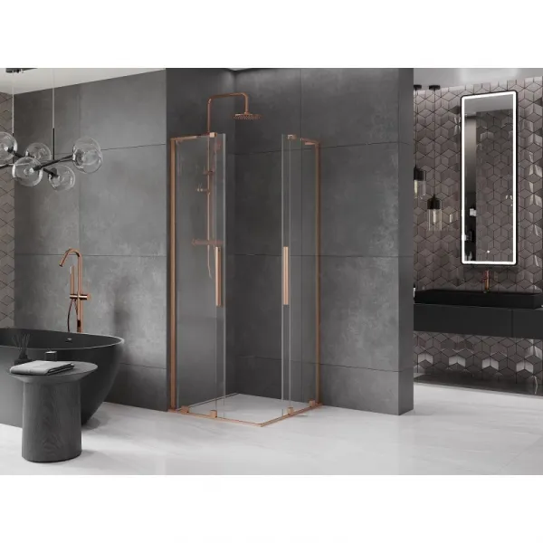 MEXEN/S - Velar L Duo sprchovací kút, posuvné dvere 80 x 80, transparent, meď kartáčovaná 871-080-080-02-03-65