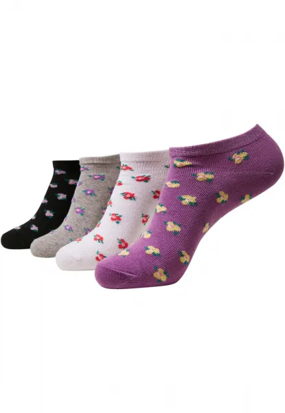 Floral Invisible Socks Recycled Yarn 4-Pack Grey+Black+White+Lilac