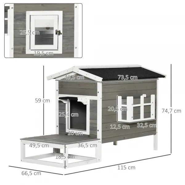PAWHUT Vonkajší drevený domček pre mačky 115 x 67 x 75 cm sivý biely