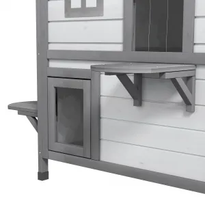 PAWHUT Vonkajší dvojpodlažný drevený domček pre mačky s balkónmi 78 x 56 x 91 cm biely