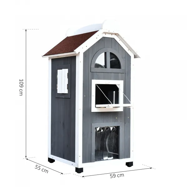 PAWHUT Vonkajší drevený domček pre mačky 59 x 55 x 109 cm sivý