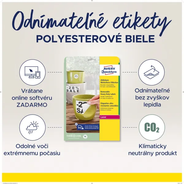 Avery Zweckform Etikety polyesterové veľmi odolné 99,1x139mm Avery A4 biele odnímateľné 20 hárkov